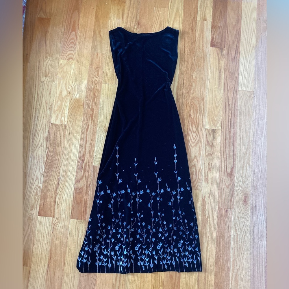 Black Velvet Evening Gown with Silver Floral Motifs